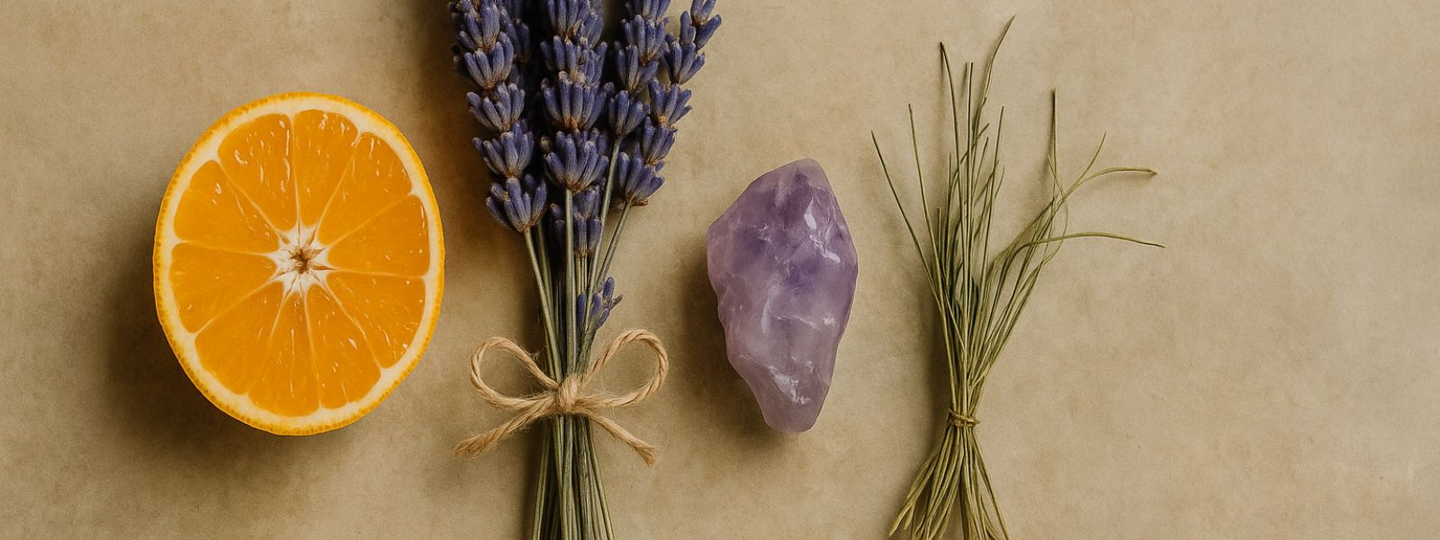 mandarin, lavender, amethyst and vetiver grass on beige background