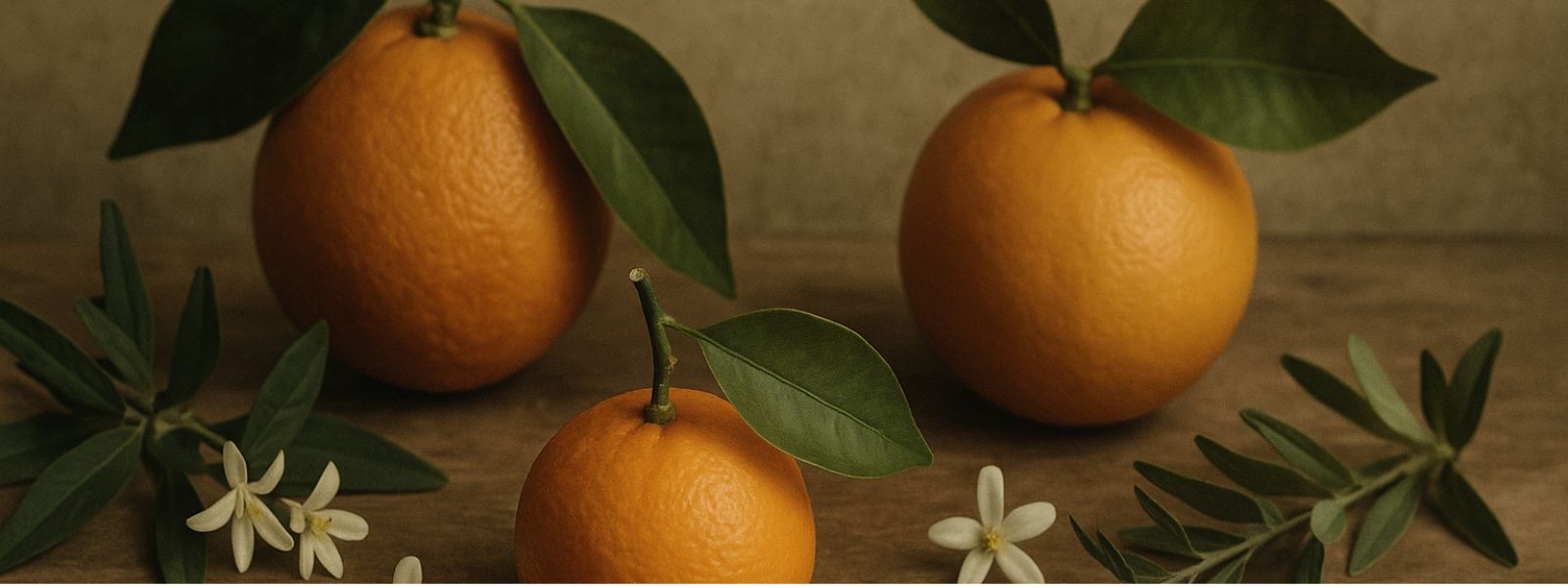 oranges, leaves, white flowers on beige background