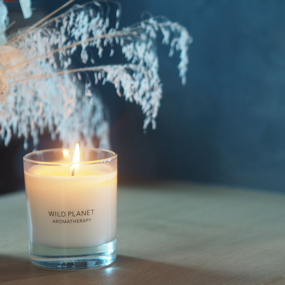 A lit Cocoon calming aromatherapy candle with flame on wooden table in front of dried white flowers