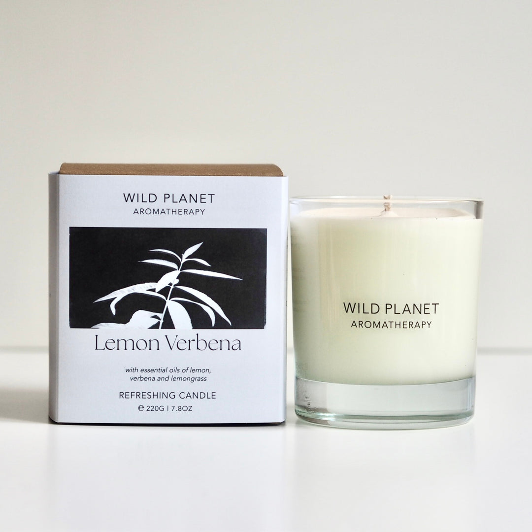 Lemon Verbena Aromatherapy Candle and box on white background by Wild Planet Aromatherapy