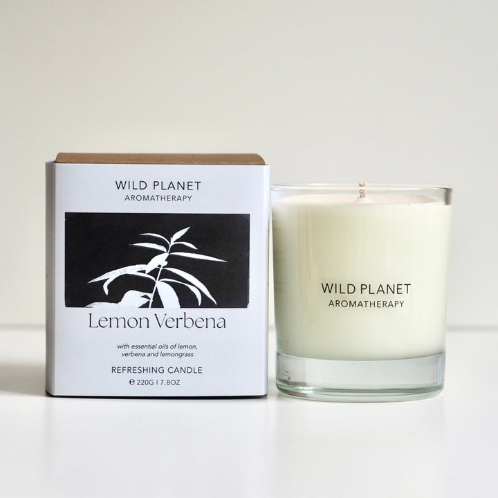 Lemon Verbena Aromatherapy Candle and box on white background by Wild Planet Aromatherapy