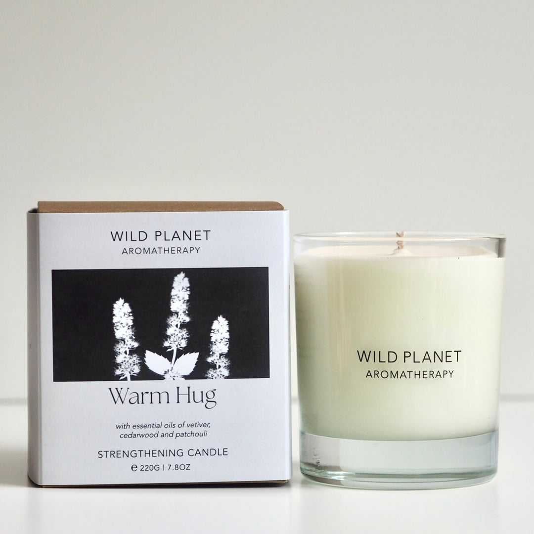 Warm Hug patchouli & vetiver natural candle with cedarwood and box by Wild Planet Aromatherapy