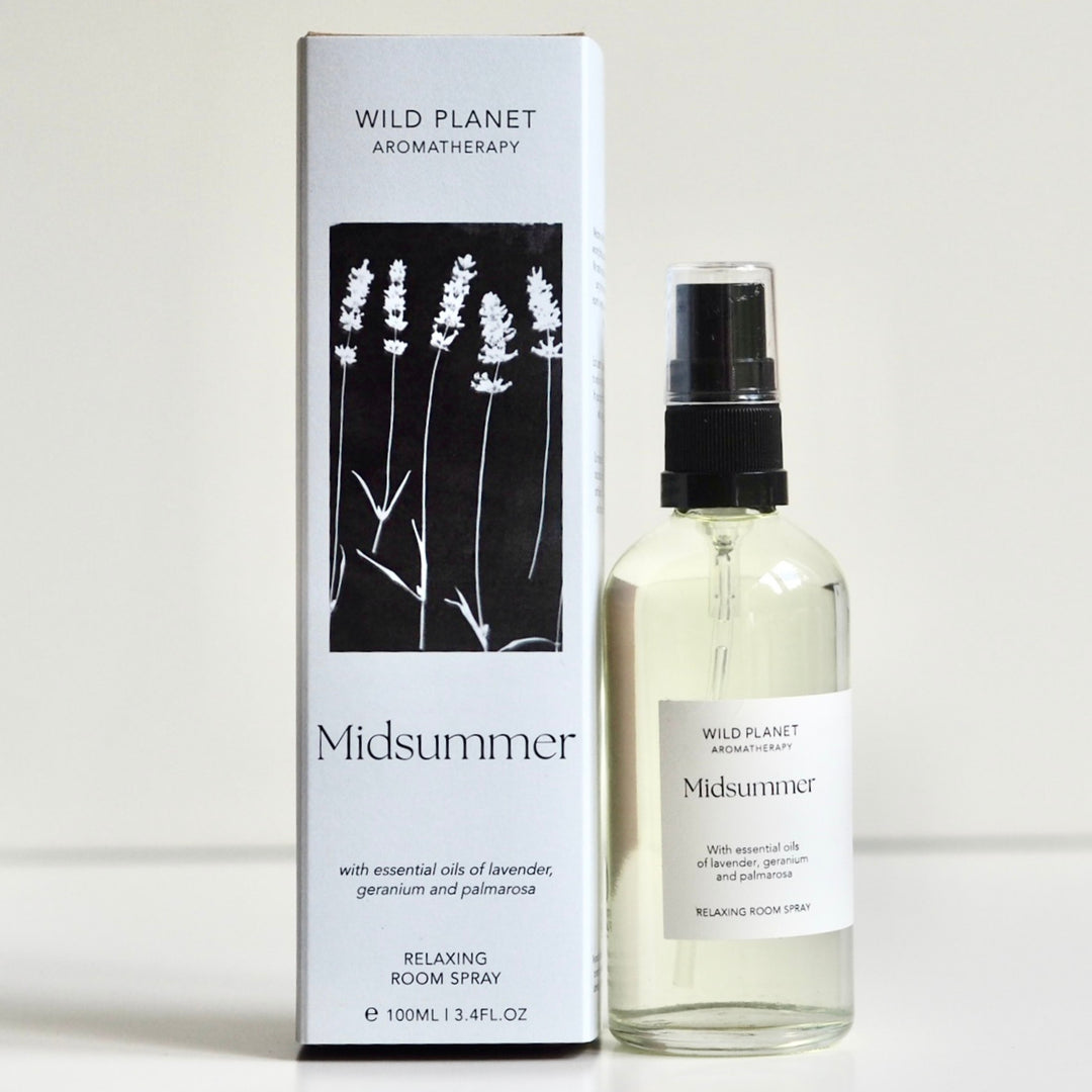 Midsummer lavender Room Spray bottle and box on white background by  Wild Planet Aromatherapy