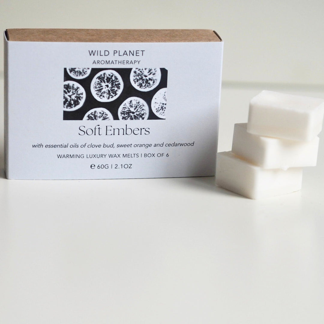Soft Embers clove orange wax melts box on white background by Wild Planet Aromatherapy