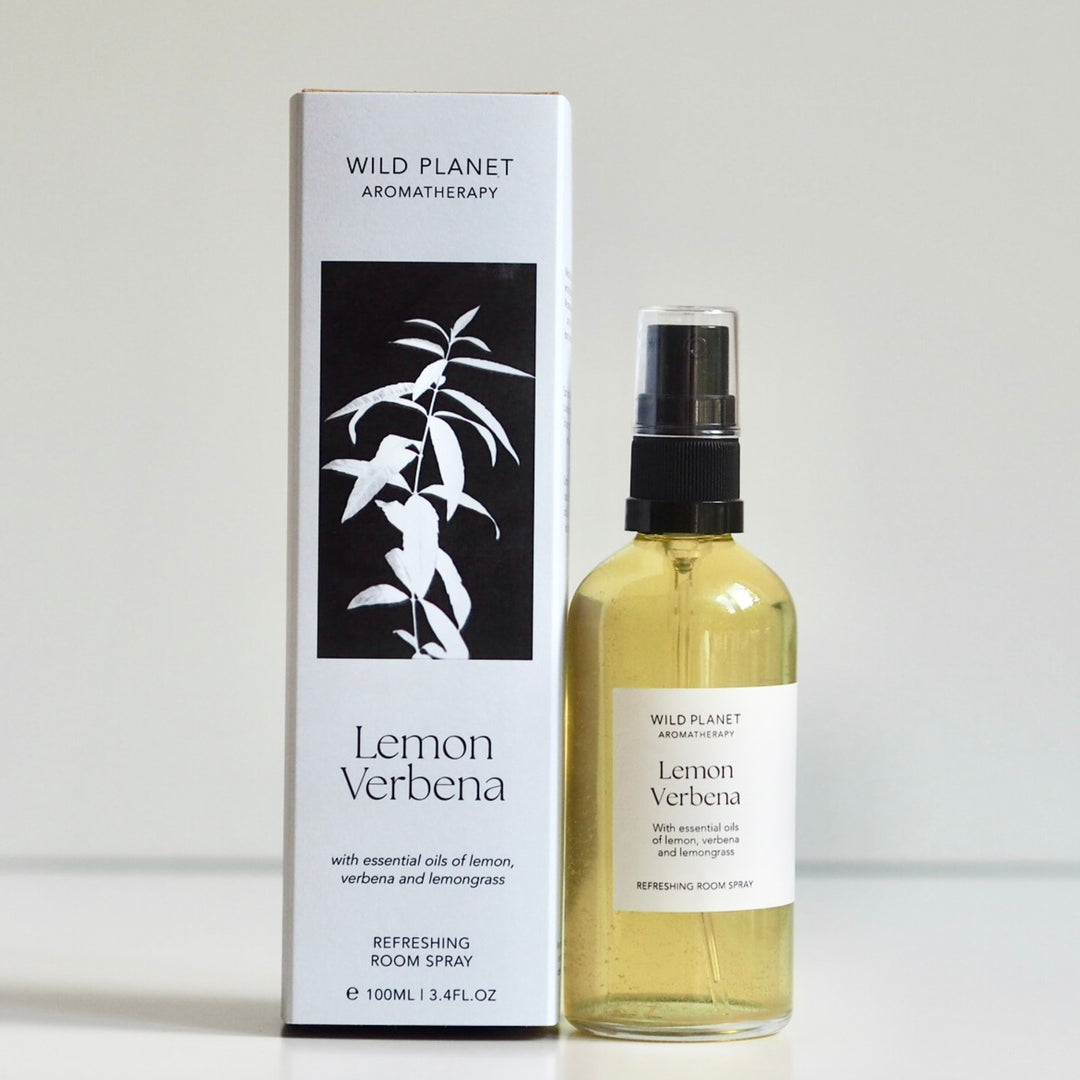 Lemon Verbena Essential Oil Room Spray bottle and box on white background Wild Planet Aromatherapy