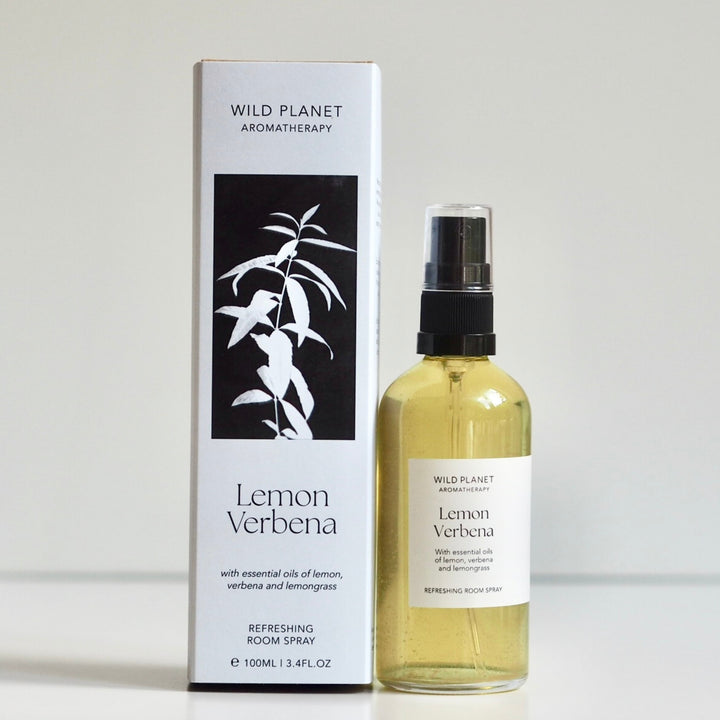 Lemon Verbena Essential Oil Room Spray bottle and box on white background Wild Planet Aromatherapy