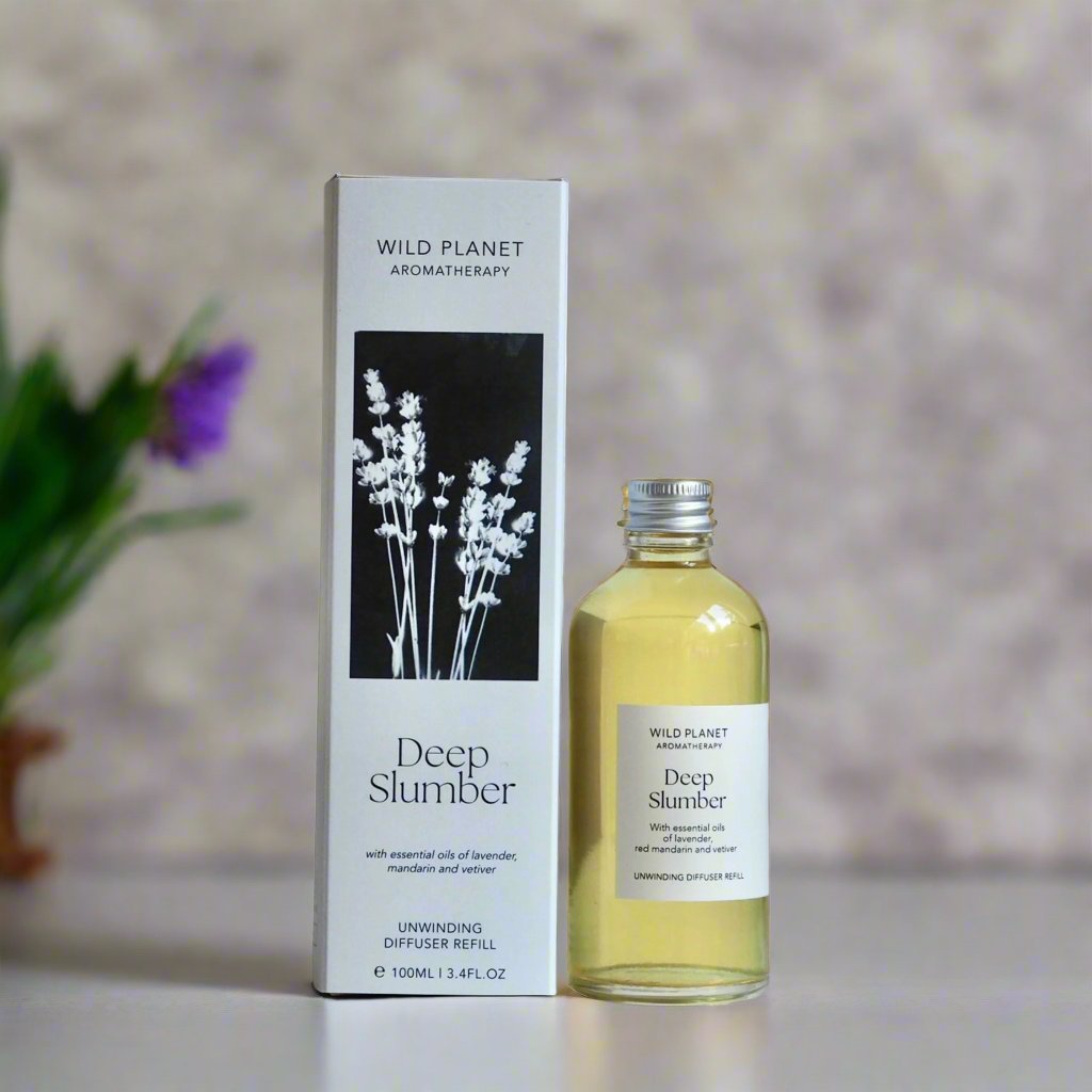 Deep Slumber sleep diffuser refill oil bottle and box by Wild Planet Aromatherapy