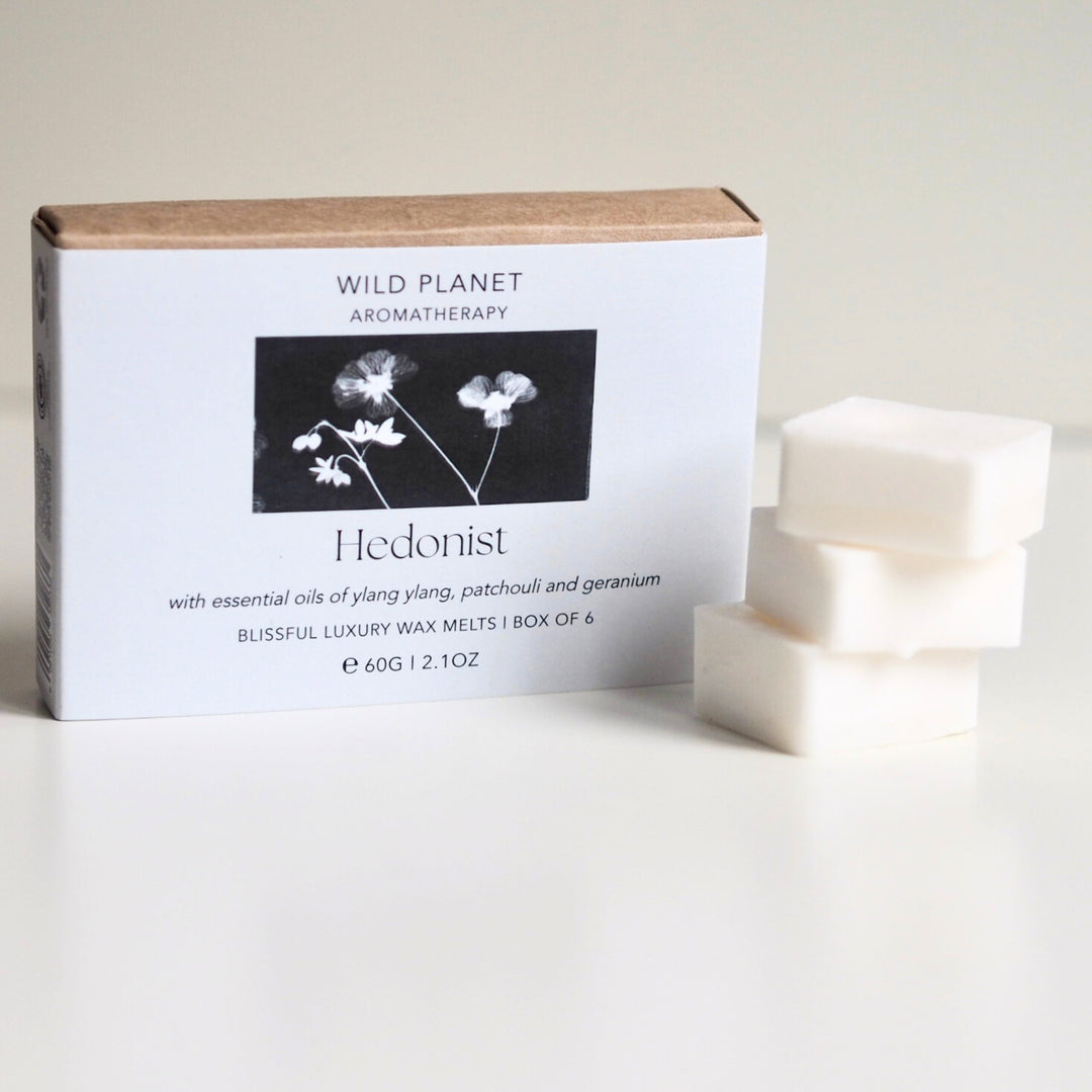 Hedonist Luxury Wax Melts box and three wax melts by Wild Planet Aromatherapy on white background.