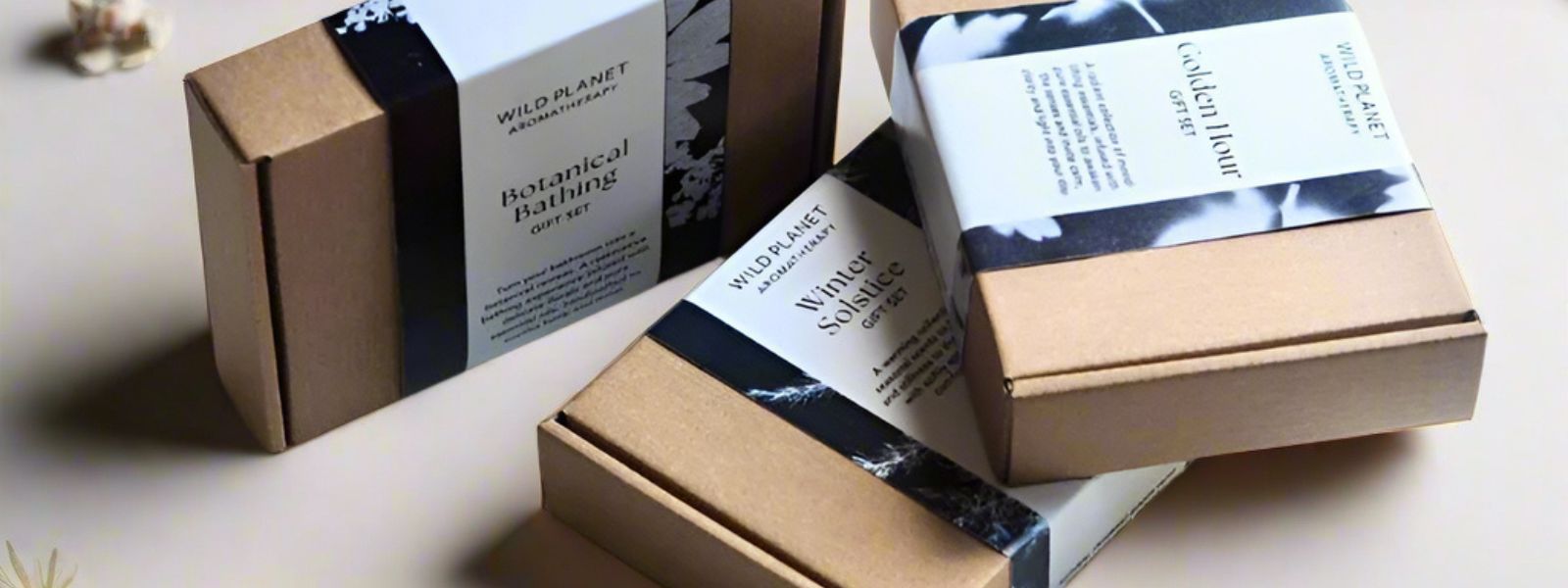 Natural Gift boxes with branded cyanotype wrap by Wild Planet Aromatherapy