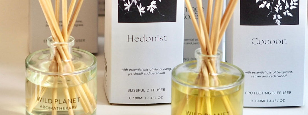 reed diffuser bottles and boxes by Wild Planet Aromatherapy
