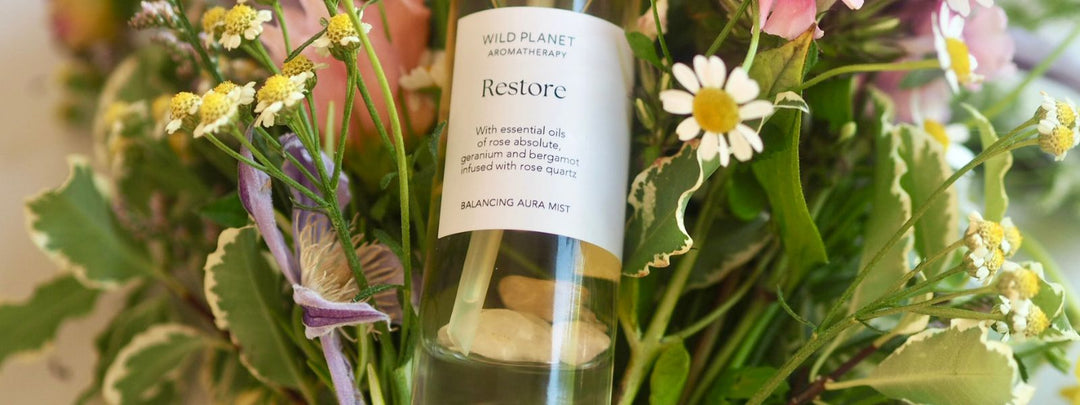 Restore Aura Mist lying on fresh summer flowers by Wild Planet Aromatherapy