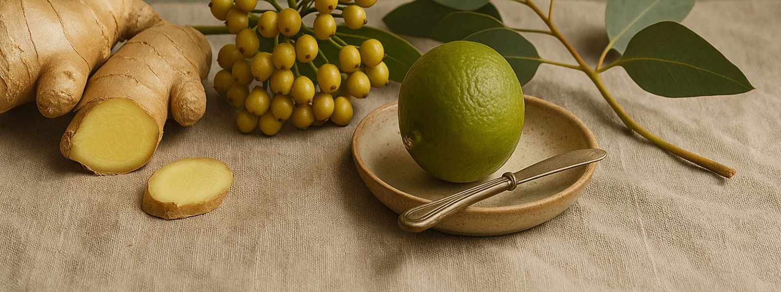 fresh ginger, eucalyptus and may chang berries with lime on beige tablecloth