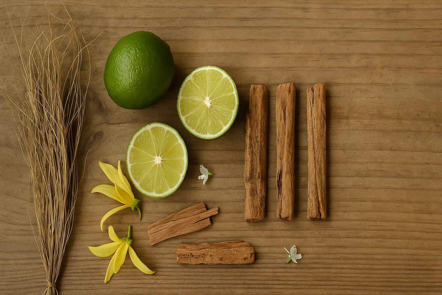 dried vetiver grass, limes and cedar wood sticks on wooden background