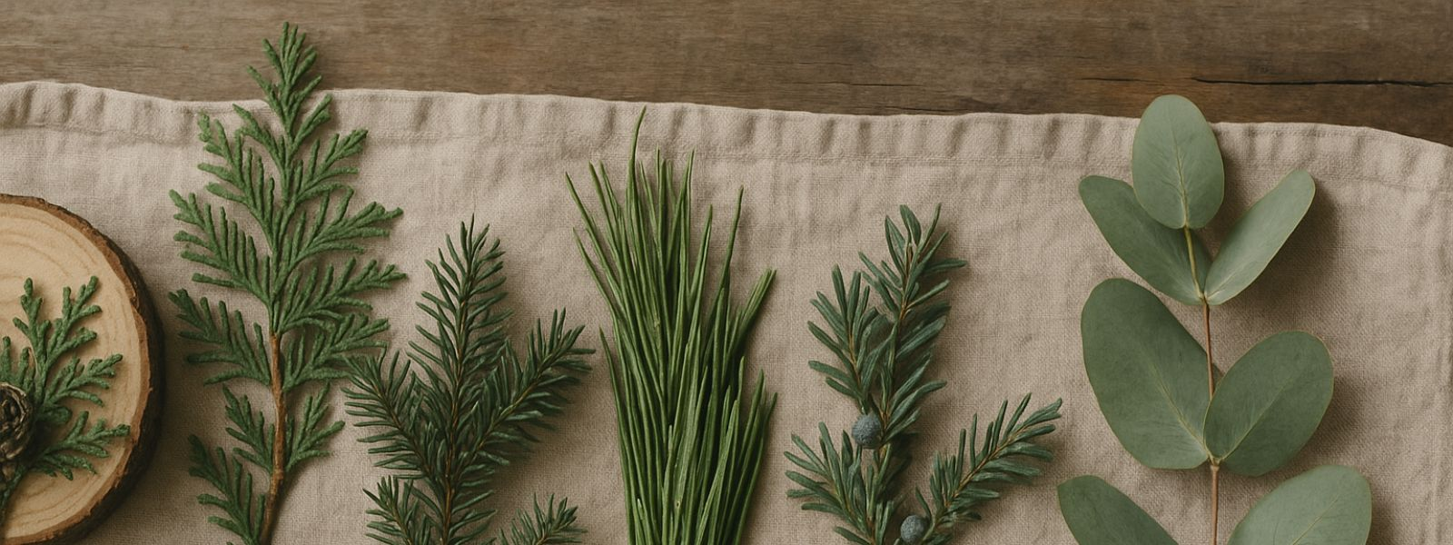 A selection of fir needle, juniper needle, black spruce, cedarwood and eucalyptus leaves