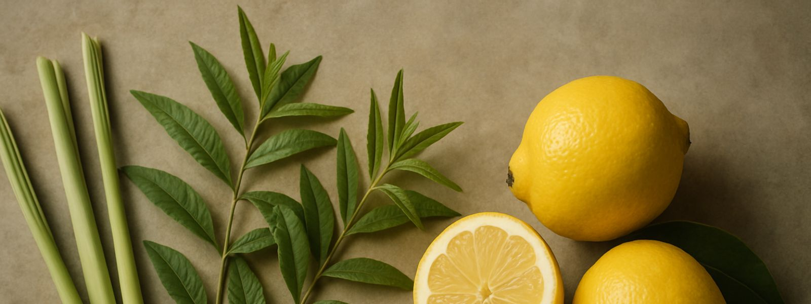 lemongrass, leaves, lemons, one cut in half