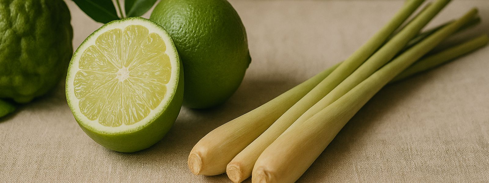 fresh limes in silver bowl, lemongrass sticks and flowers ingredients for Limelight fragrance