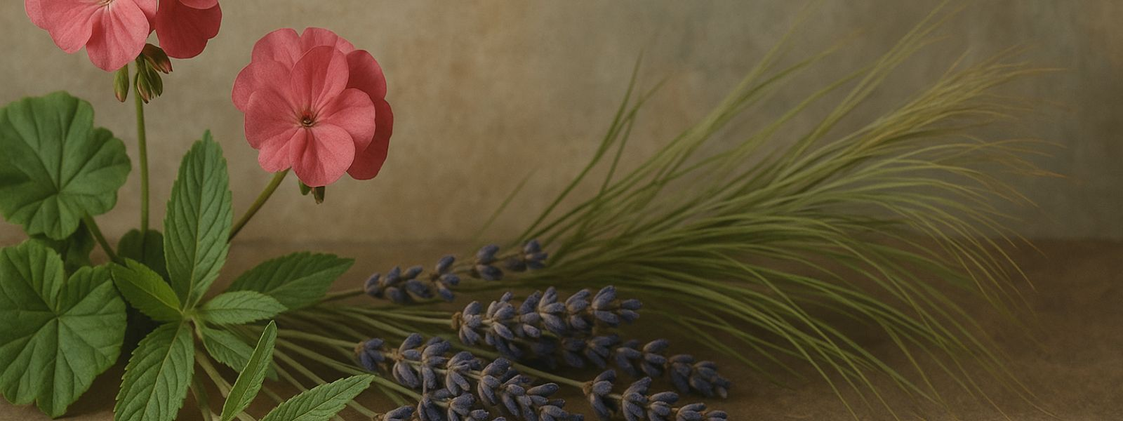 geranium flowers, lavender, palmarosa on beige background