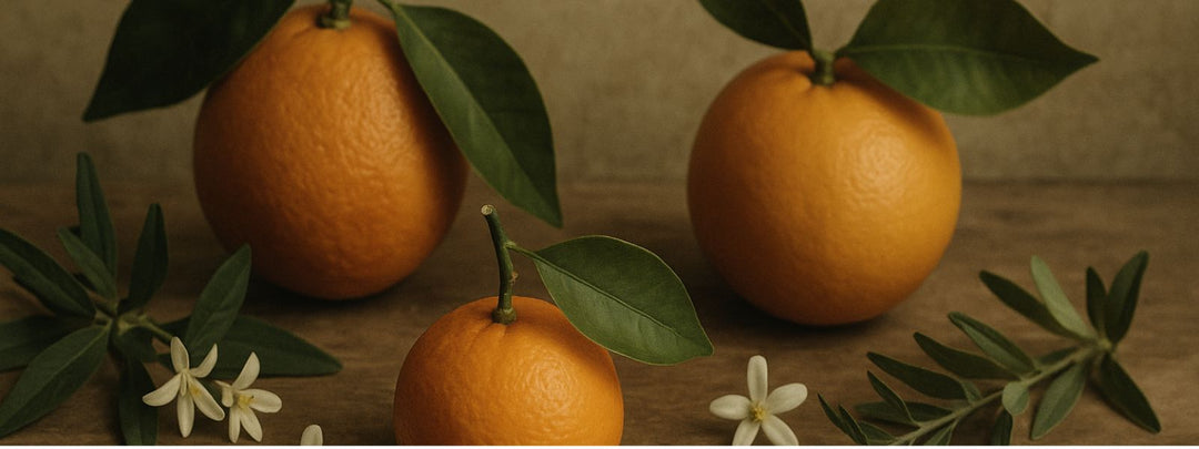 oranges, leaves, white flowers on beige background