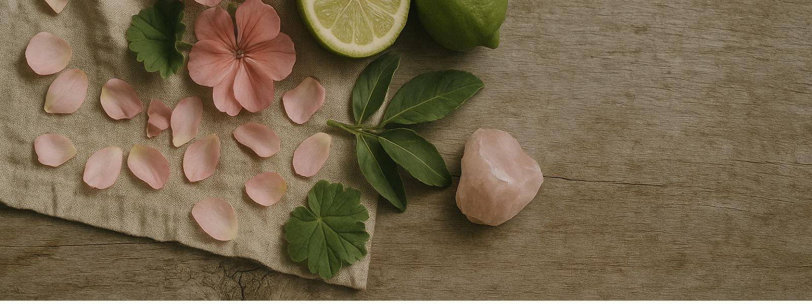 bpink geranium flowers and petal, bergamot and rose quart crystal on beige linen on wooden surface