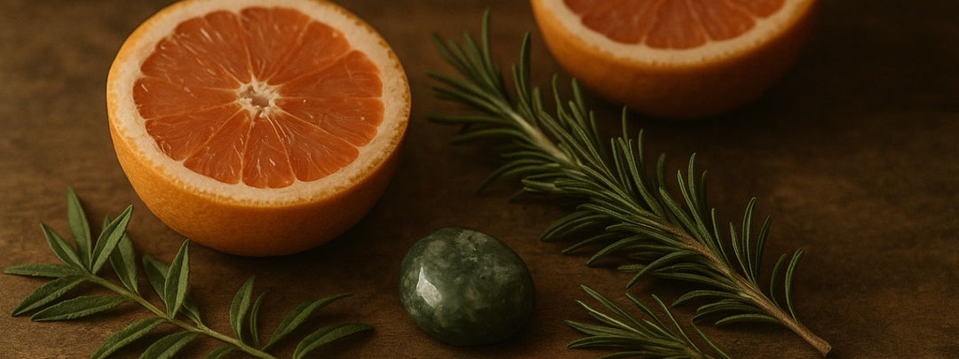 grapefruit cut in half, rosemary herb, green moss agate on wooden background