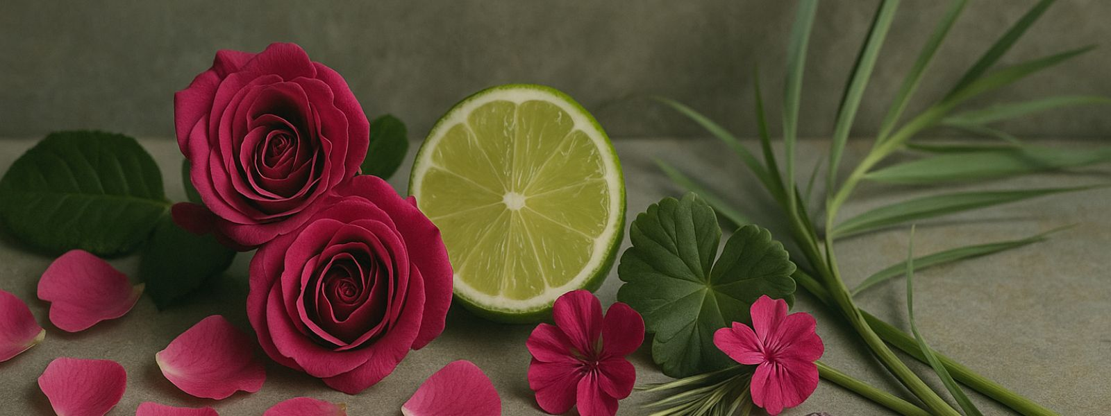 Deep pink roses, limes and palmarosa grass on neutral background