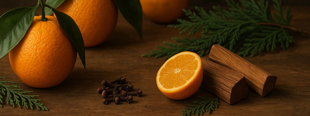 Oranges with leaves, clove buds, wooden sticks and pine needles on dark wooden background
