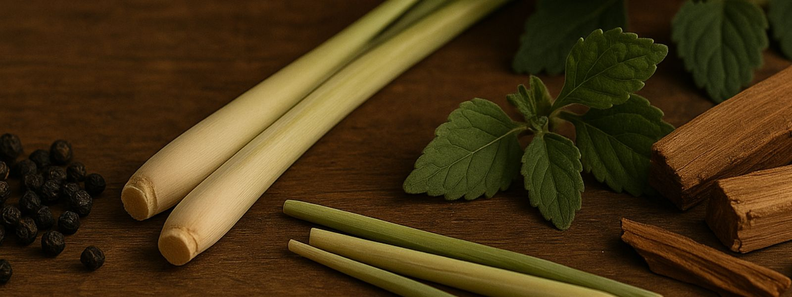  fresh lemongrass sticks, wood chippings, black peppercorns and patchouli leaves ingredients for Spice Night fragrance on wooden background