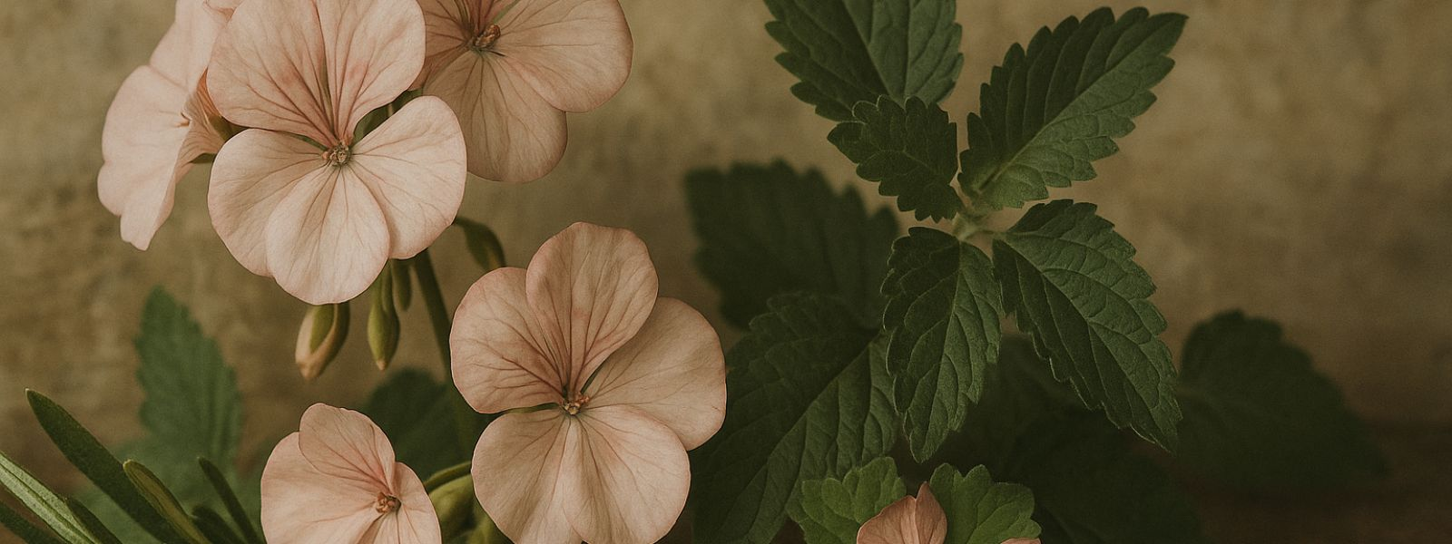 Faded pink geranium and patchouli leaves on neutral background