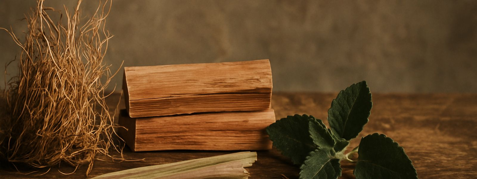 Dried vetiver grass, wooden sticks, patchouli leaves on wooden background