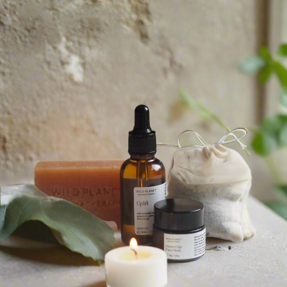 Soap bar, bath salts, lavender in cotton pouch, bath oil, french green clay face mask, tea light 
