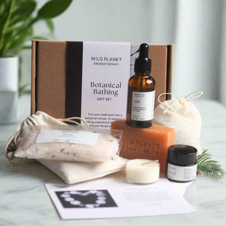 Botanical Bathing Gift Set box with bath salts, bath oil, soap bar, tea light, green clay face mask