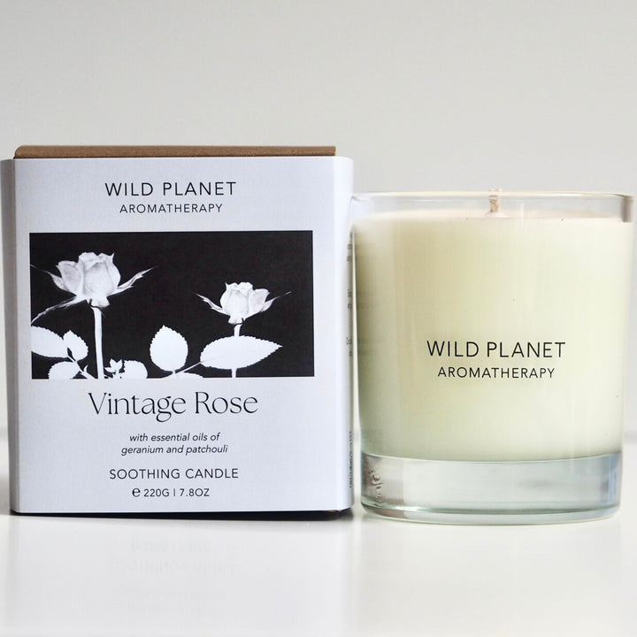 Wild Planet Aromatherapy soothing vegan natural soy wax candle next to natural eco friendly box 