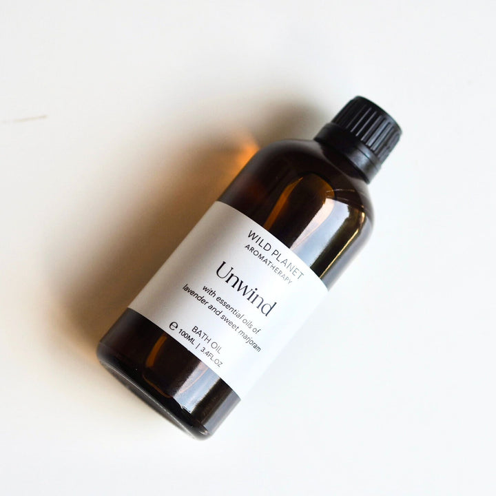 Unwind Natural Relaxing lavender Bath Oil amber glass bottle by Wild Planet Aromatherapy