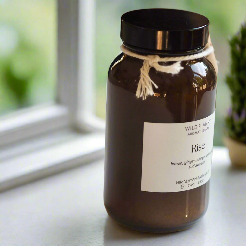 energising Himalayan bath salts with essential oils amber glass jar by Wild Planet Aromatherapy