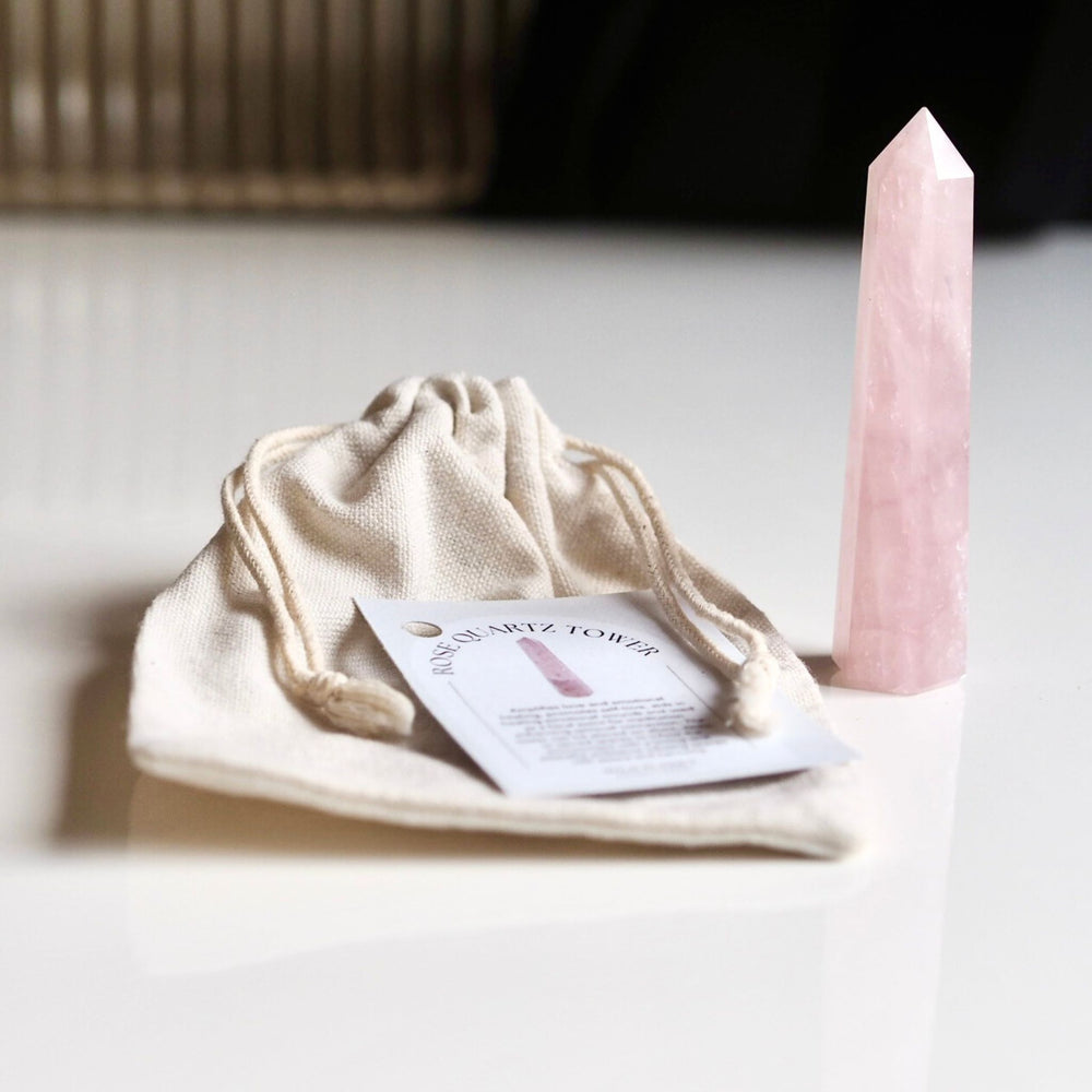 Rose Quartz Crystal Tower with pouch and information card to support heart chakra, self care & calm