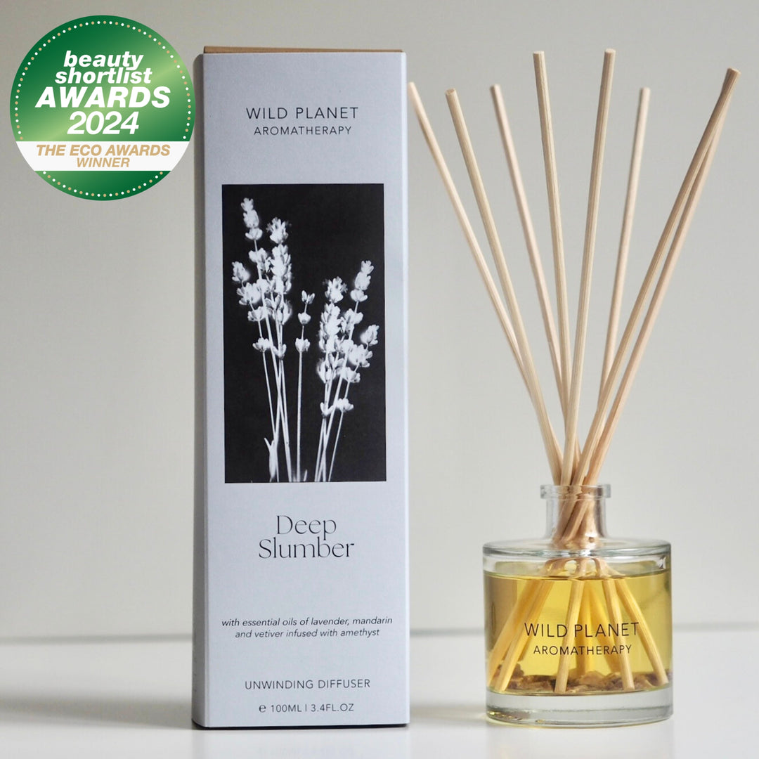 Wild Planet Aromatherapy organic reed diffuser with essential oils next to natural eco friendly box.