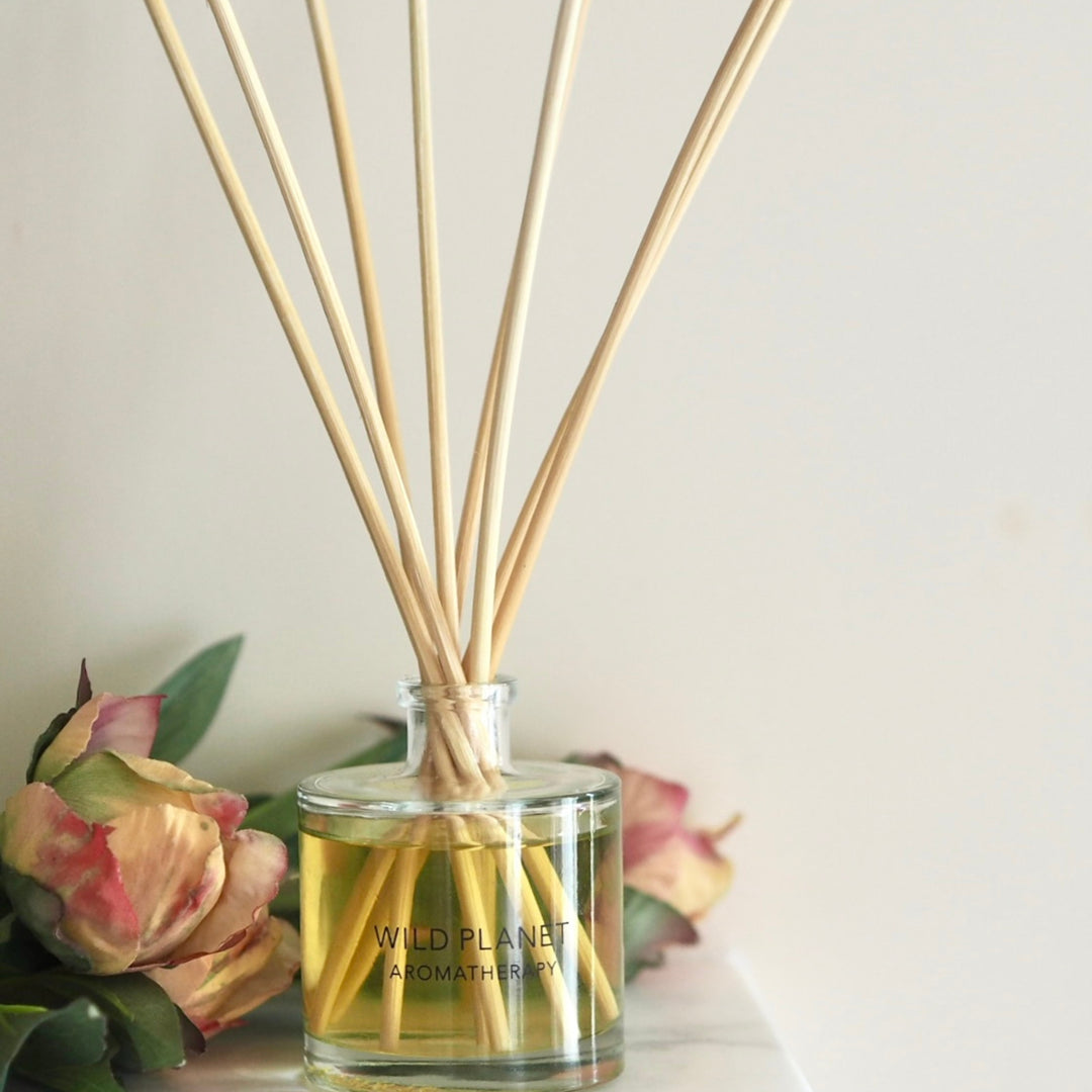 Wild Planet Aromatherapy natural reed diffuser with rose dried floral arrangement on marble surface.