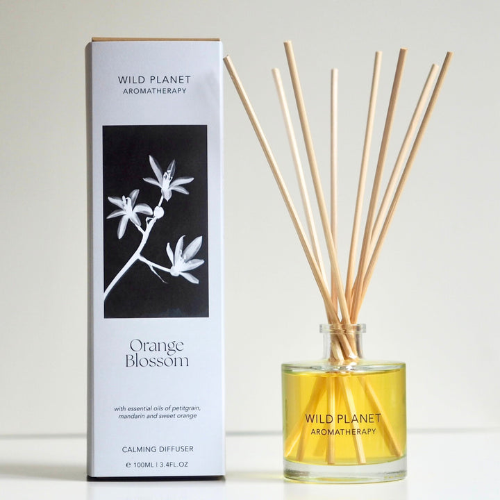 Wild Planet Aromatherapy natural reed diffuser with essential oils next to natural eco friendly box.