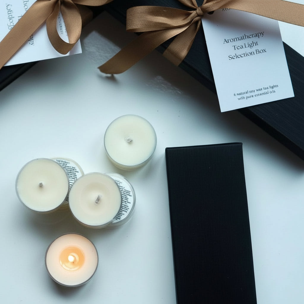 Aromatherapy tea light selection box with candles on a white surface