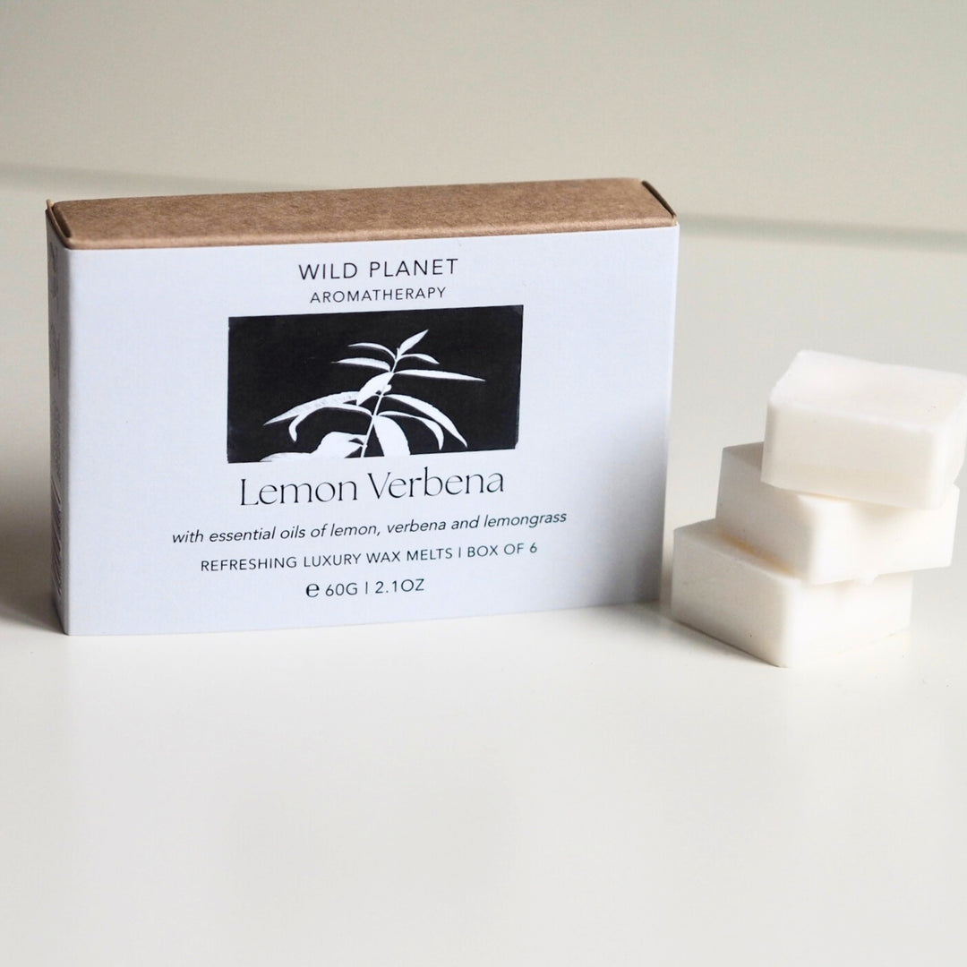 Wild Planet sustainable vegan soy wax melts with essential oils next to natural eco friendly box.