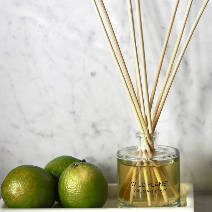 Wild Planet Aromatherapy natural reed diffuser with lime on a marble background.