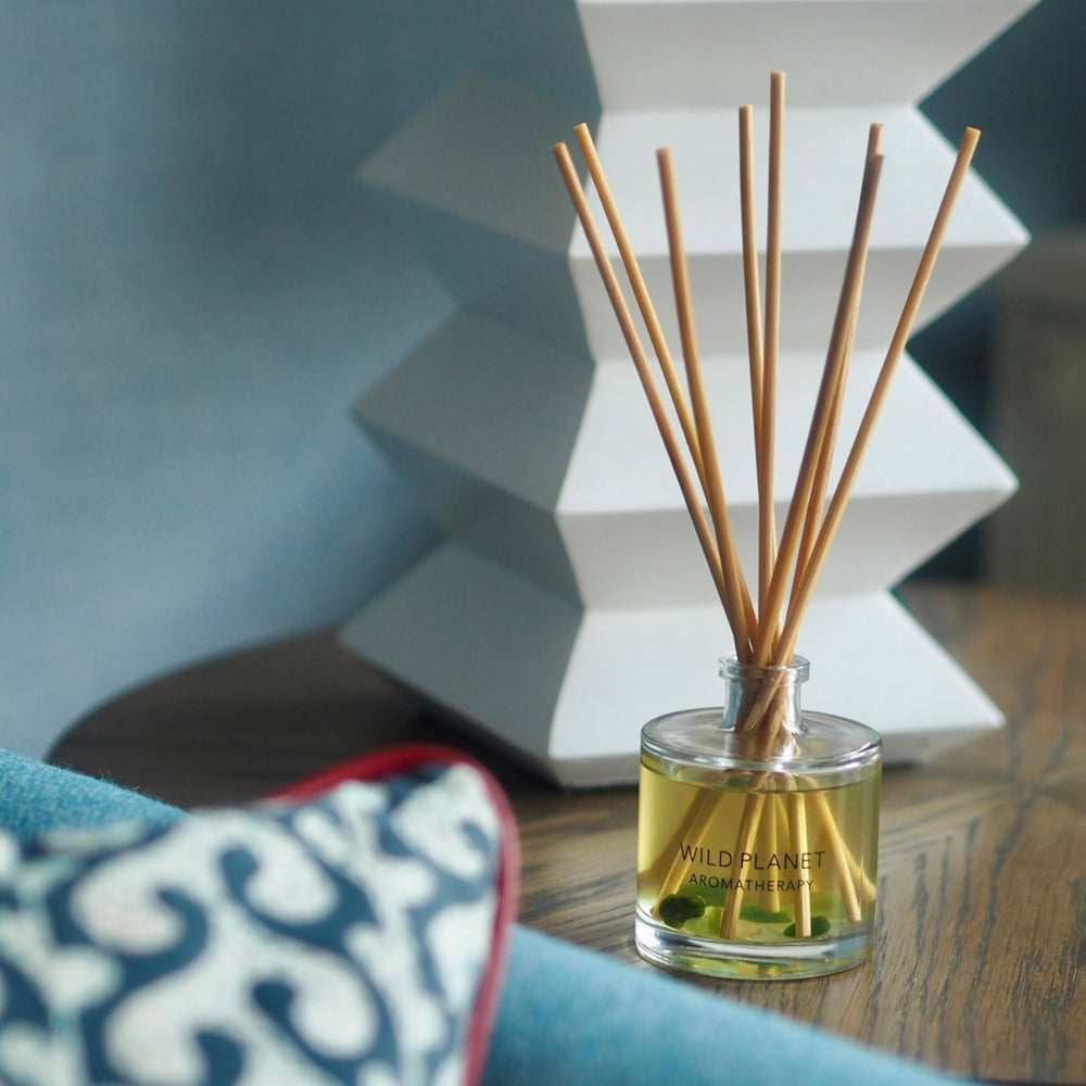 Wild Planet Aromatherapy natural reed diffuser with decorative pillows and lamp in cozy setting.