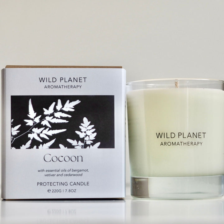 Cocoon calming aromatherapy candle with bergamot, vetiver with branded box and white background.
