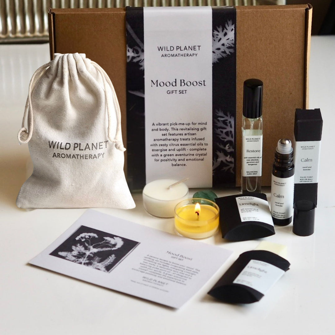 Mood Boost Letterbox Gift Set with bath salts, oils and tea lights by Wild Planet Aromatherapy